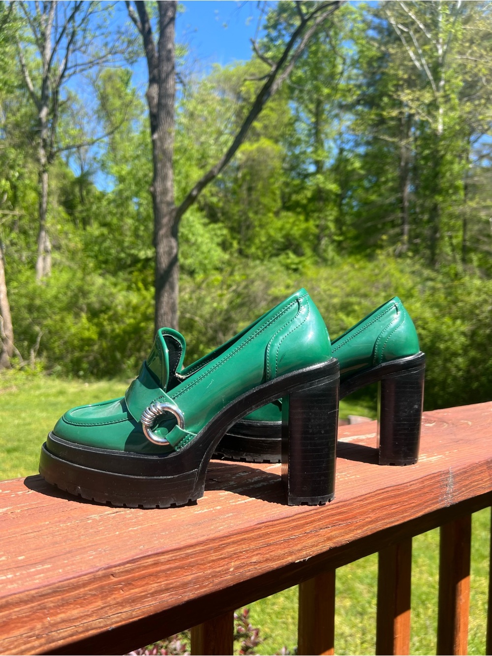 Gianni Bini Green Platform Block Heel Loafers with Silver Buckle